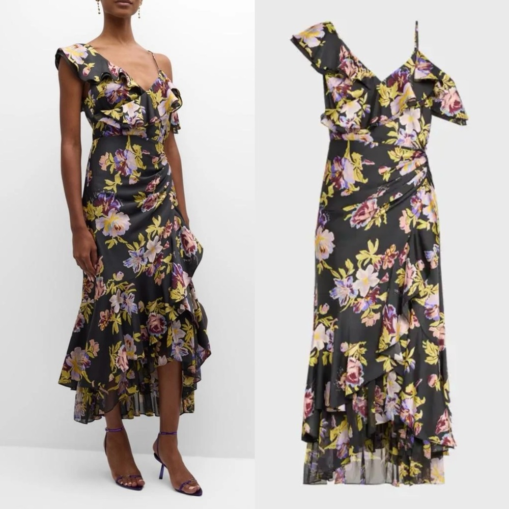 Cinq à Sept One Shoulder Floral Yellow Dress - Picture 1 of 13